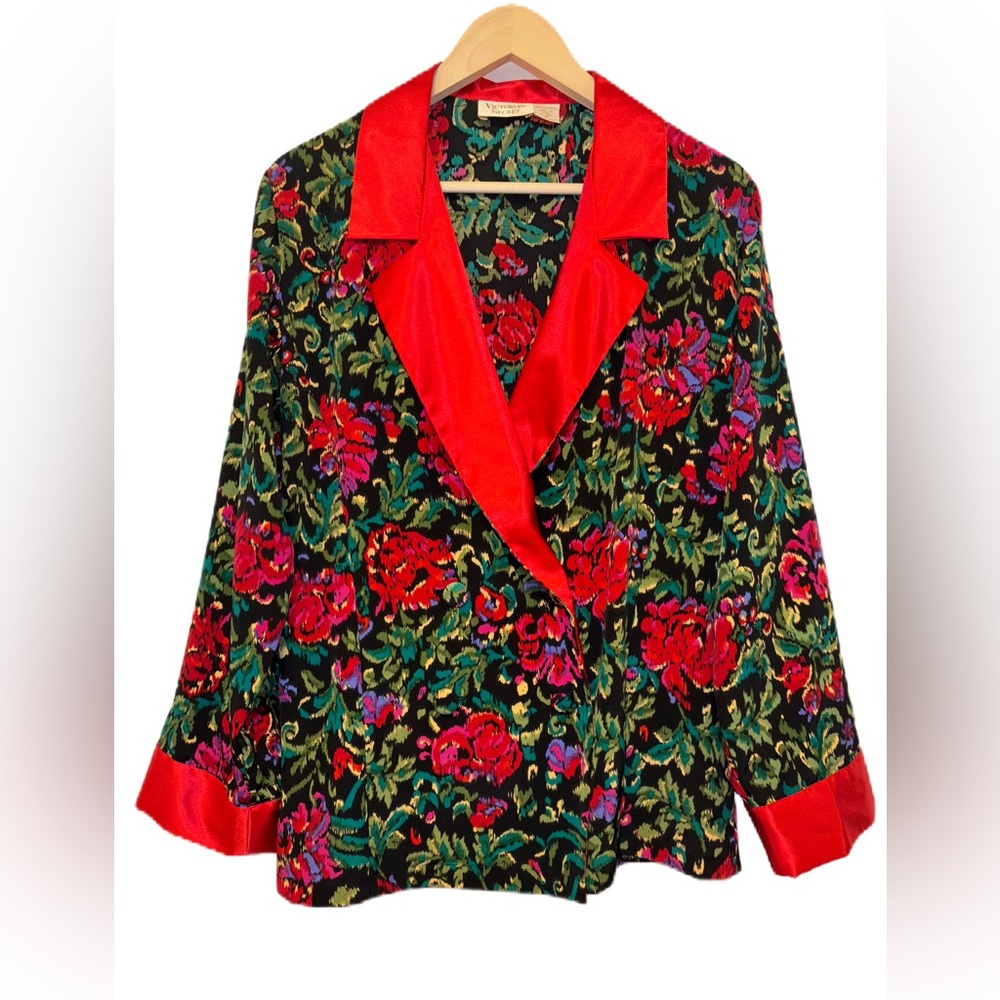 VTG Victoria Secret Gold Label Floral Print PJ Satin Button Blazer Size Medium